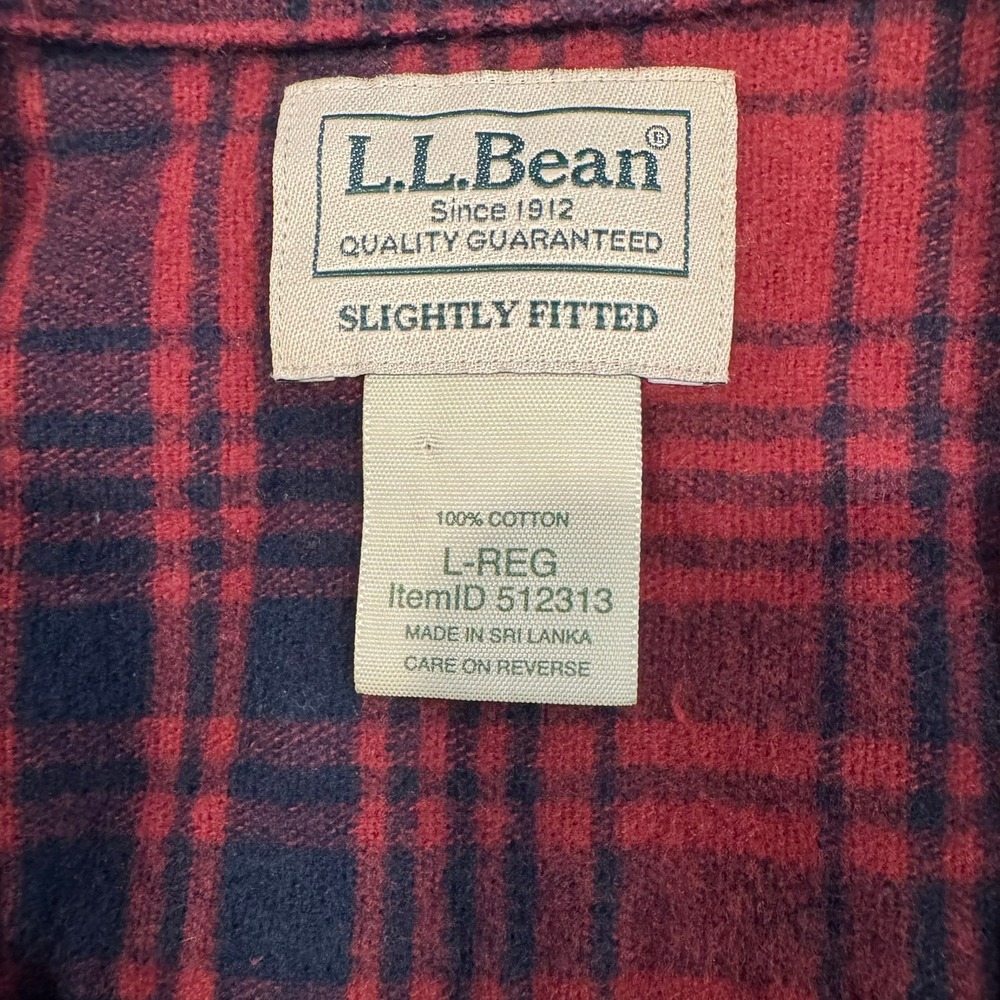 LL Bean Mens Slightly Fitted Flannel Shirt Red Navy Blue Plaid Large 512313 - Picture 3 of 6